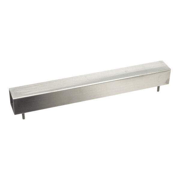 A rectangular metallic cover with a brushed finish and two protruding rods on one side.