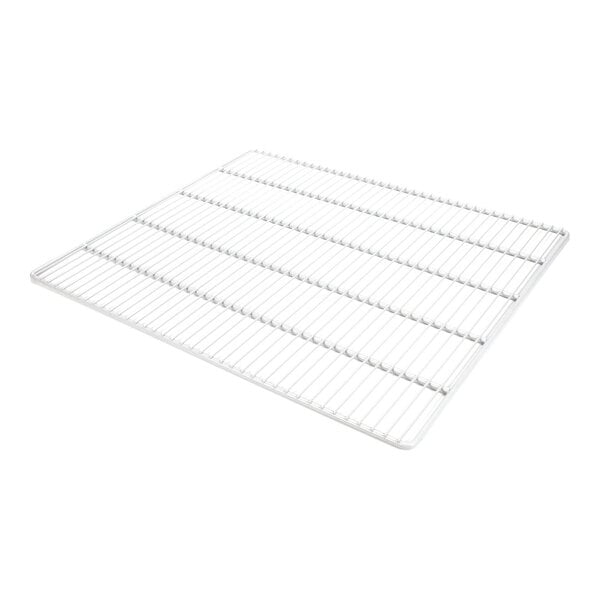 A rectangular, white wire shelf with evenly spaced bars, viewed at an angle against a white background.