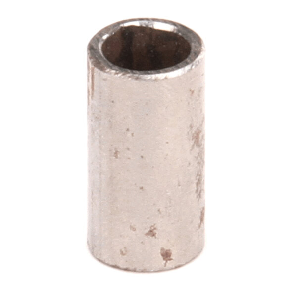 A cylindrical metallic spacer or tubing sleeve with a hollow center and a slightly reflective surface.