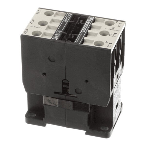 A black and white electrical contactor with multiple terminal connections visible on the top and side.