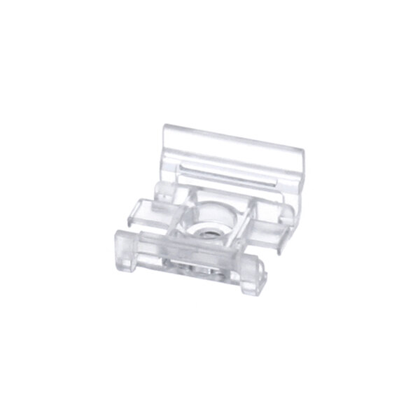 A clear plastic mounting clip with a central hole and raised edges, shown against a white background.