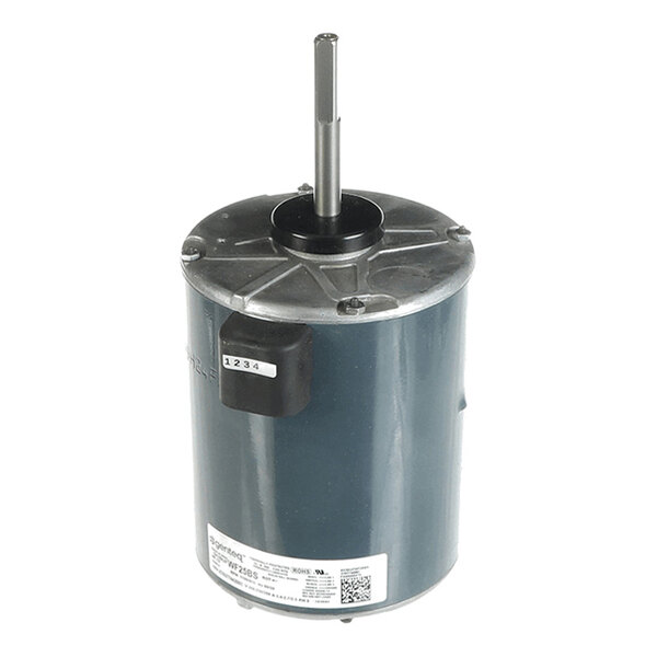 A cylindrical electric motor with a metallic shaft protruding from the top and a label on the side.