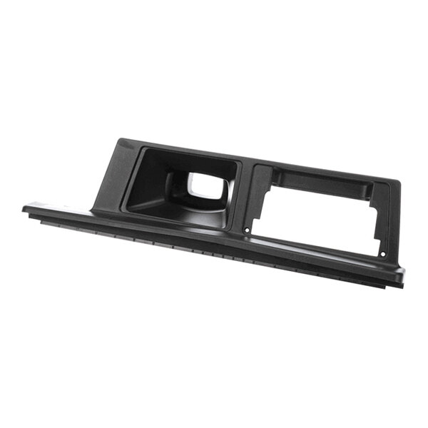 A black plastic frame with two rectangular cutouts, likely designed for mounting or housing components in a larger assembly.