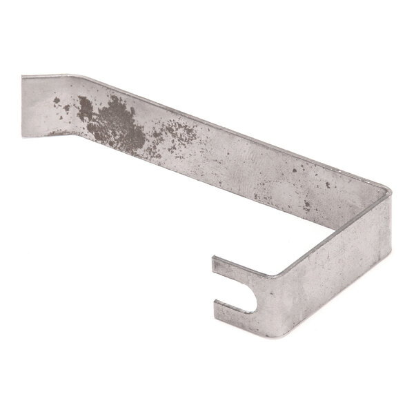 A metal bracket with a rectangular shape, a bent end, and a slotted opening on one side, showing some discoloration and surface marks.