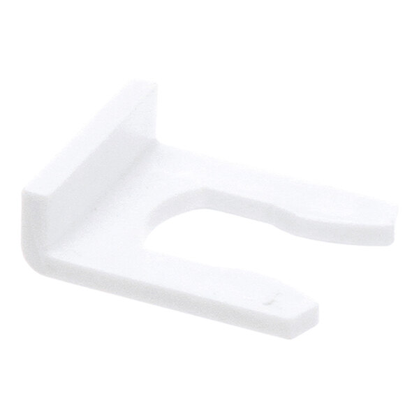 A white, U-shaped plastic component with a flat base and a perpendicular edge on one side.