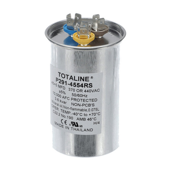 A cylindrical metallic component with three colored terminal connectors and a label displaying technical specifications.