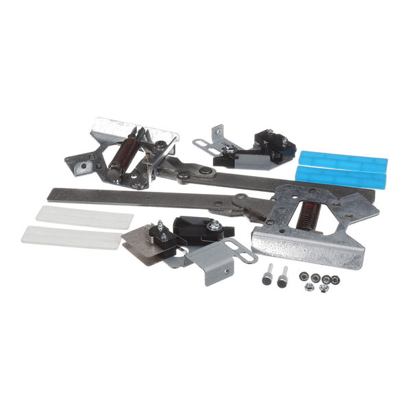 A collection of metal brackets, springs, screws, and plastic components arranged on a white background.