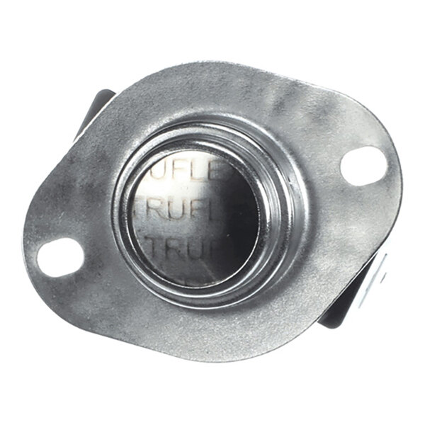 A close-up view of a metallic component with two mounting holes and a central circular element.