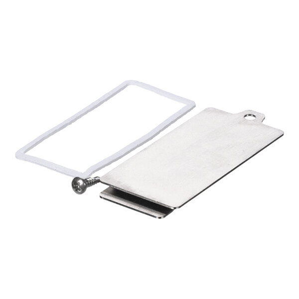 A rectangular metal plate with a small hole at one end, accompanied by a screw and a rectangular gasket.