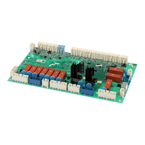 A green printed circuit board with various electronic components, connectors, and heat sinks mounted on it.