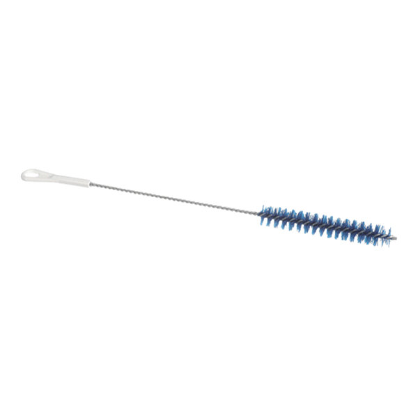 A long, thin cleaning brush with a white handle and blue bristles at one end.