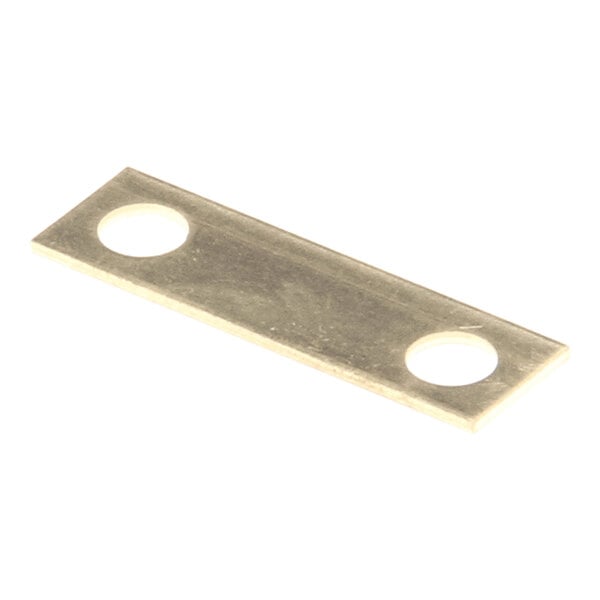A rectangular metallic plate with two large circular holes, one near each end.