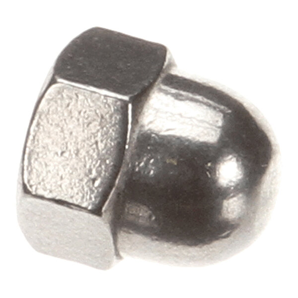 A close-up view of a shiny, metallic acorn nut with a domed top and hexagonal base.