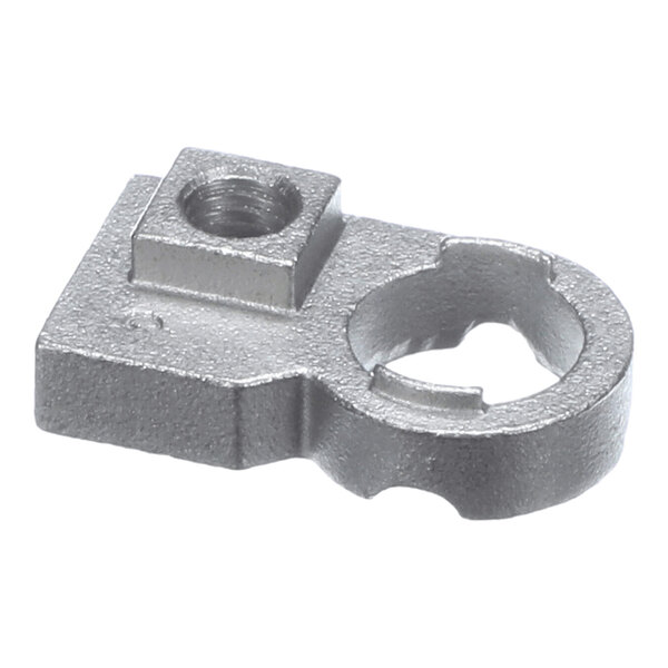 A small metallic component with a circular opening, a square raised section with a threaded hole, and a flat base.