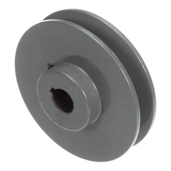A metal sheave with a central bore and a single groove for a belt.