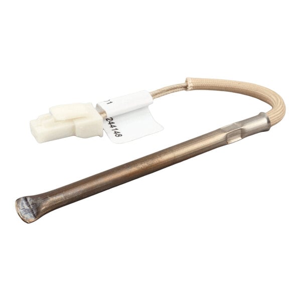A metallic probe with a white plastic connector and a flexible, fabric-covered wire attached.
