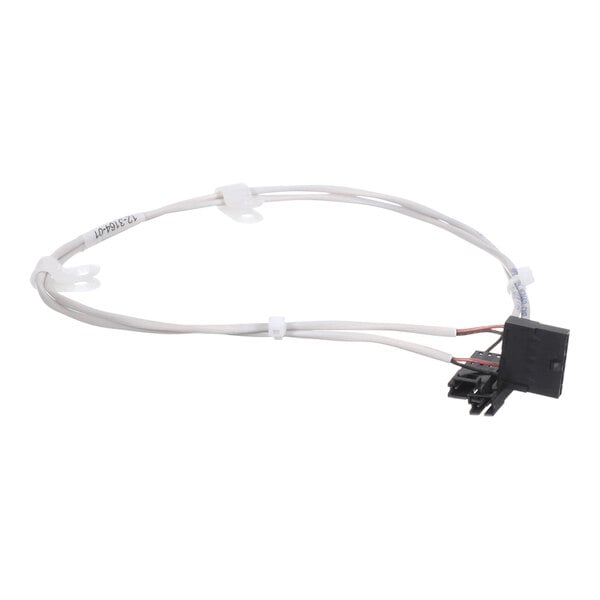 A white electrical wire harness with a black connector and several zip ties attached.
