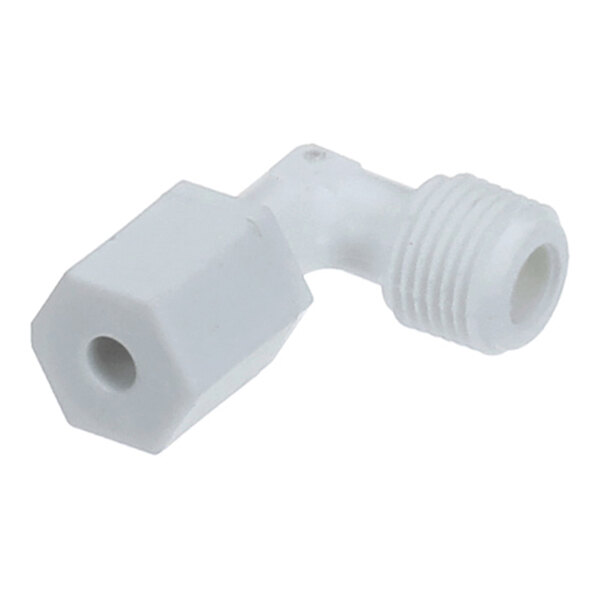 A white plastic elbow connector with a threaded end and a hexagonal nut end, designed for fluid or gas connections.