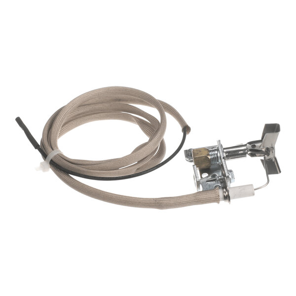 A metal igniter assembly with an attached insulated wire and a coiled cable.