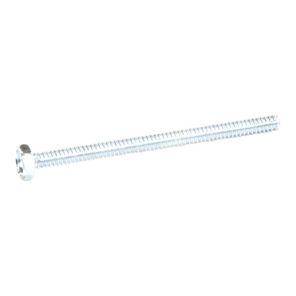 A long, silver-colored, fully threaded screw with a round head.