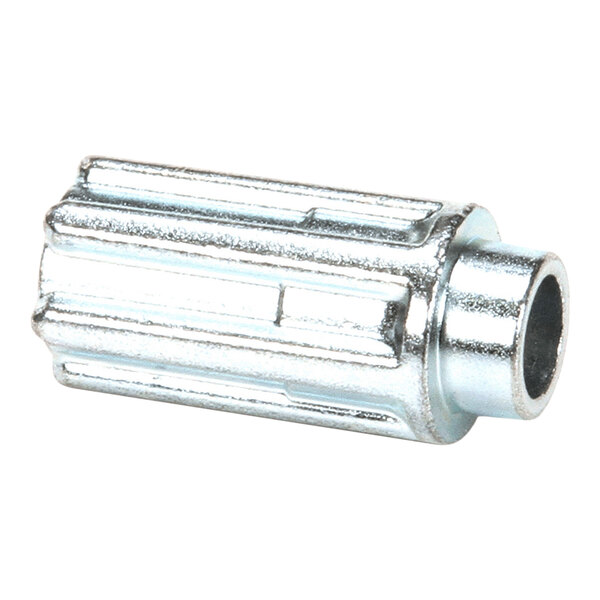 A metallic, cylindrical component with longitudinal grooves and a hollow center.