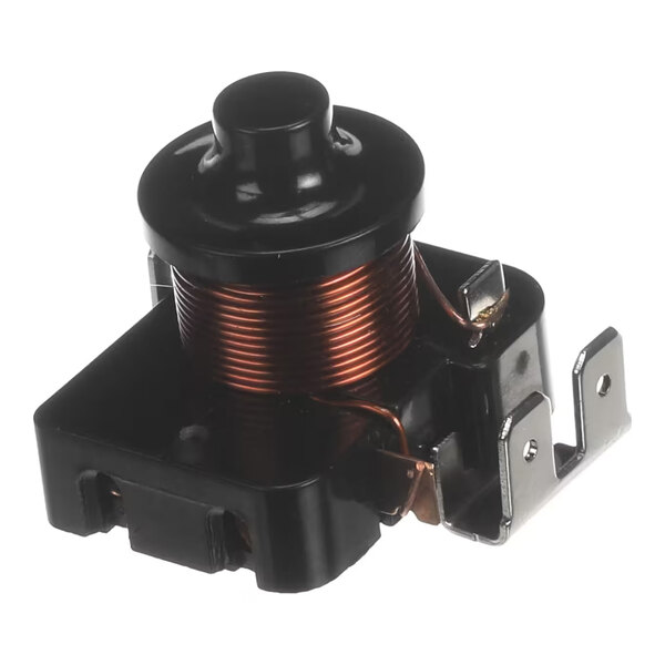 A small electrical relay with a visible copper coil, black plastic housing, and metal mounting brackets.