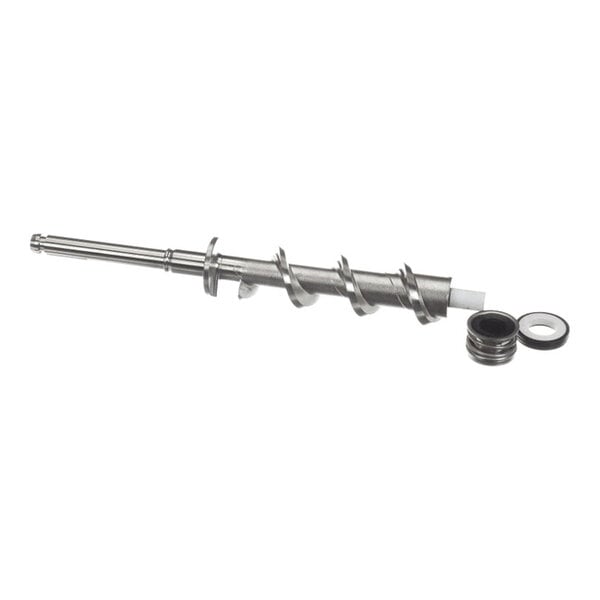 A metal auger with a helical blade and two separate circular components, likely seals, placed beside it on a white background.