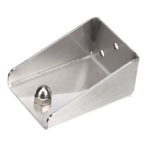 A metal bracket with two holes on one side and a rounded bolt attached to the base.
