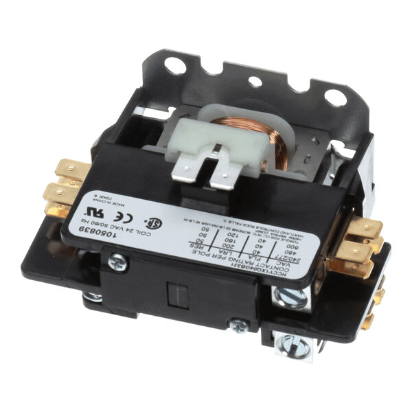 A single-pole electrical contactor with a visible copper coil, metal mounting bracket, and labeled specifications on the top.
