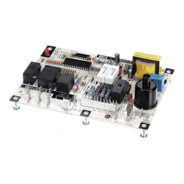 A rectangular electronic circuit board with various components including relays, capacitors, resistors, connectors, and a transformer mounted on it.