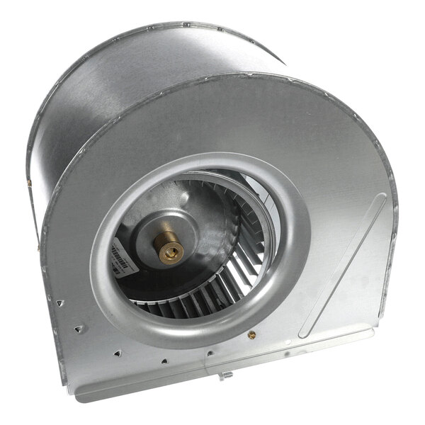 A metal blower housing with a circular fan wheel inside, featuring a central mounting hub and a curved outer casing.