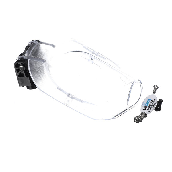A transparent, curved plastic shield with a black mounting bracket and several small metal and plastic hardware pieces beside it.