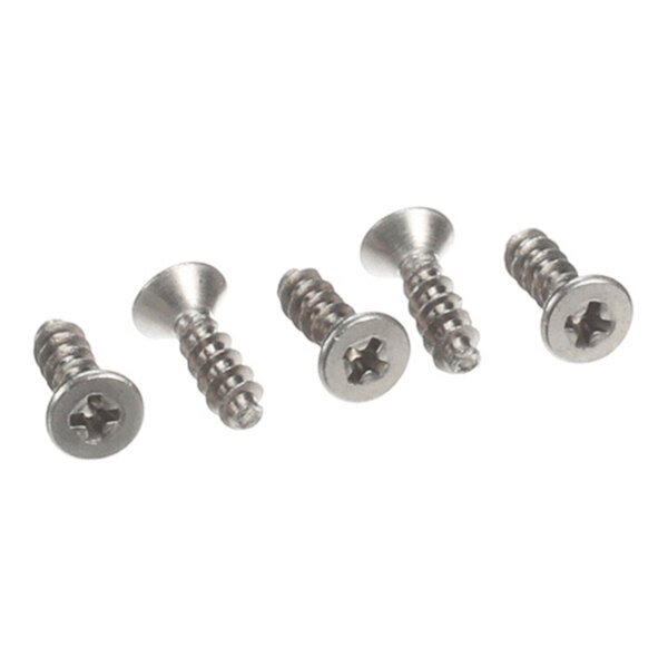 Four silver-colored, flat-head screws with Phillips drive are arranged in a row on a white background.