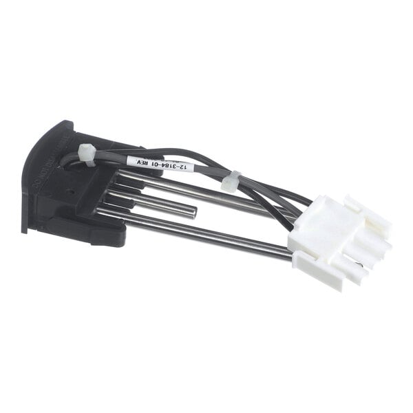 A black and white electronic component with metal rods, black wires, and a white plastic connector.