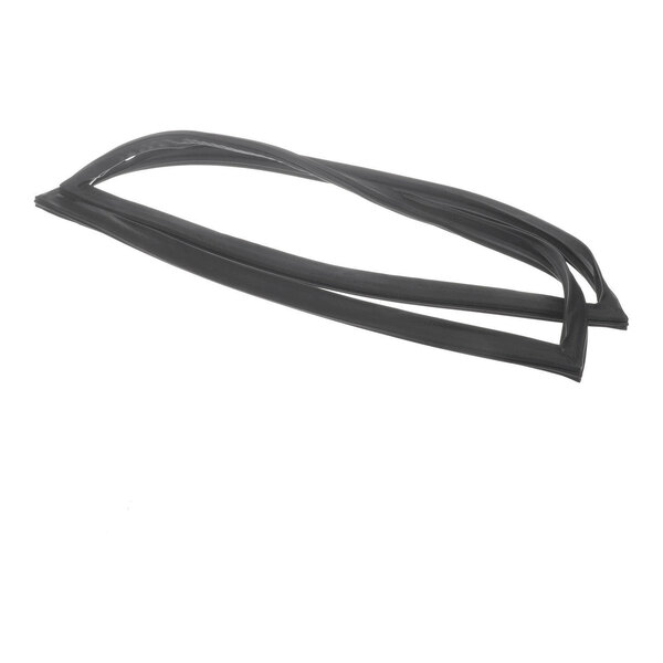 A black, flexible rubber-like gasket or seal laid out in an oval shape on a white background.