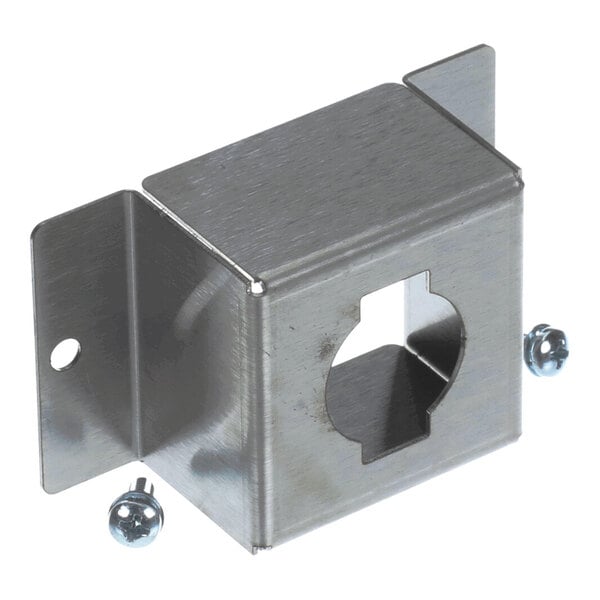 A metal bracket with a cutout in the center and two screws, likely used as a protective or mounting cover.