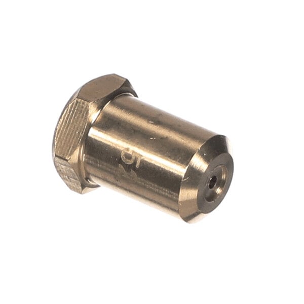 A small metallic cylindrical component with a hexagonal head and a central hole, likely an orifice or nozzle.