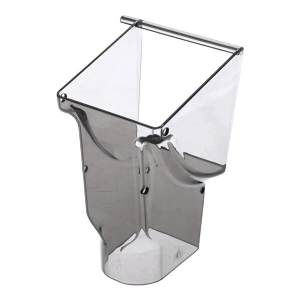 A transparent, angular plastic chute with a rectangular opening at the top and a cylindrical bottom section.