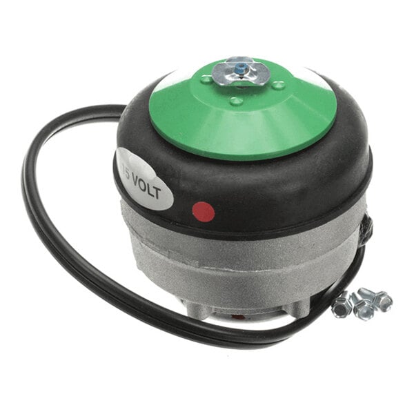 A round electrical component with a green top, black and silver body, attached black wire, and two screws beside it.