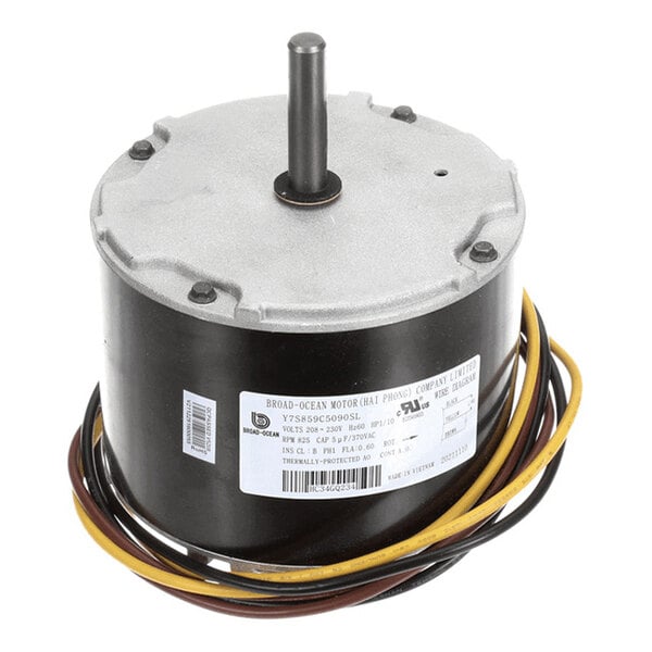 A cylindrical electric motor with a central shaft, four mounting bolts on the top, and several colored wires extending from the base.