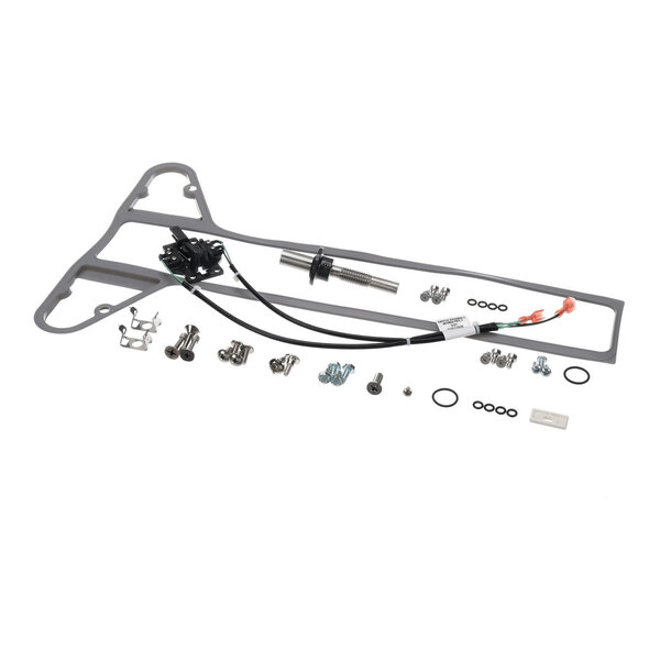 A collection of various metal and rubber components, wires, and fasteners arranged on a white background, likely part of a service or repair kit.