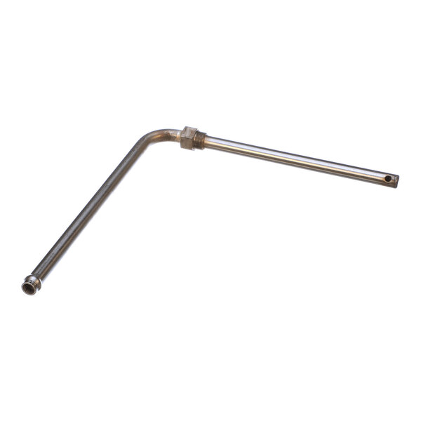 A metal pipe with a 90-degree bend and threaded fittings on both ends.