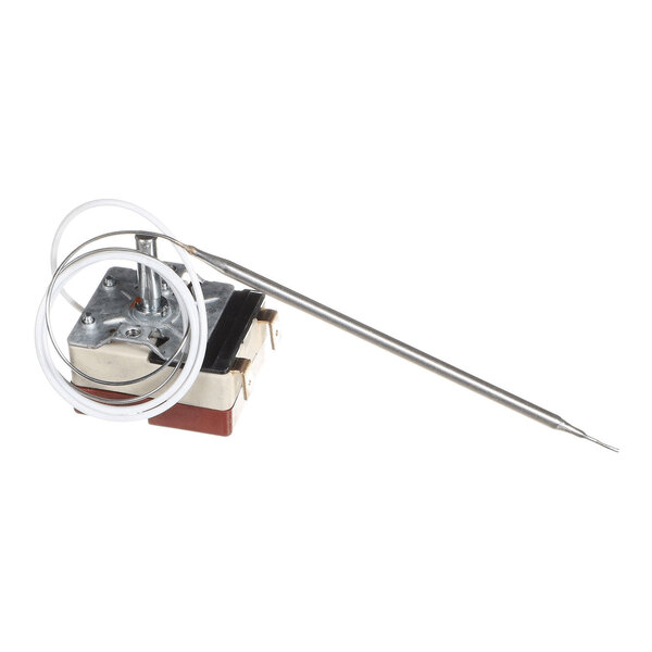 A metal thermostat device with a long, thin probe and coiled wire attached.