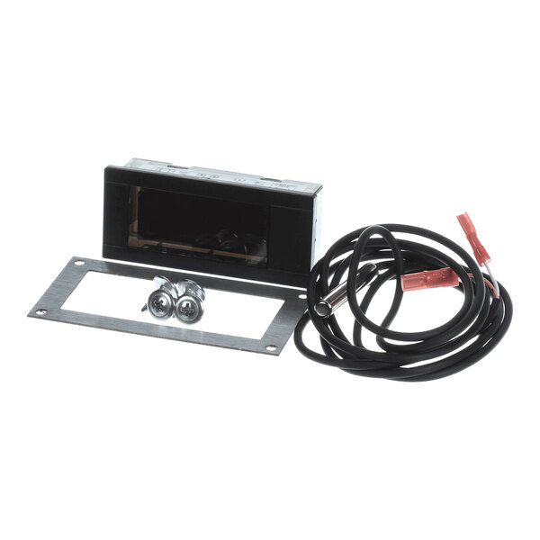 A digital thermometer assembly kit including a rectangular display unit, a mounting plate, screws, and a cable with connectors.