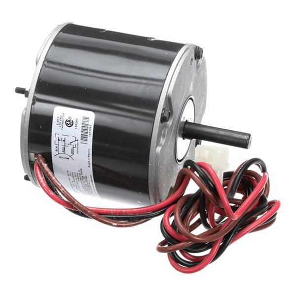 A cylindrical electric motor with a black housing, visible shaft, and attached red and black wires.