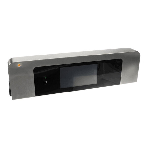A rectangular metallic control panel with a central display screen and a power button on the left side.