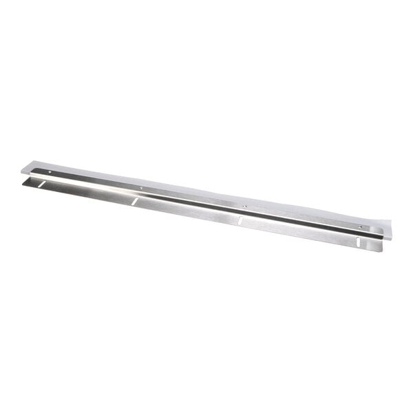 A long, narrow metallic strip with a slight bend and several evenly spaced holes along its length.