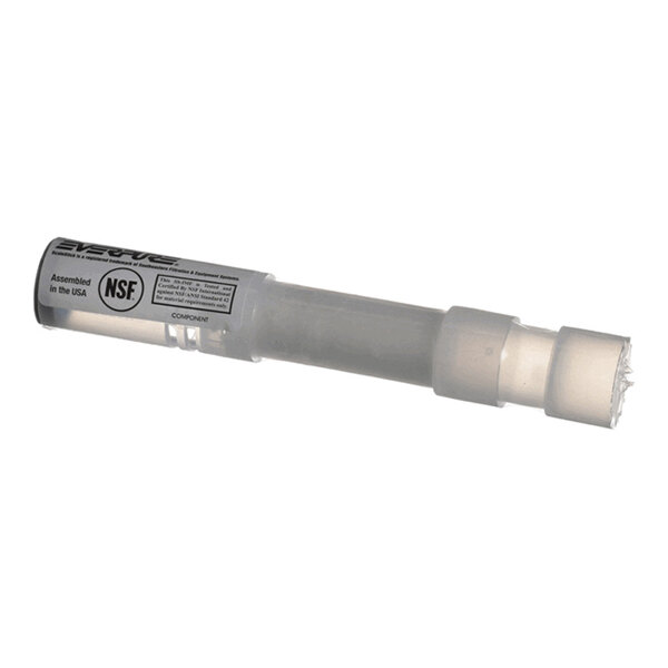 A cylindrical cartridge with a label, transparent body, and capped ends.