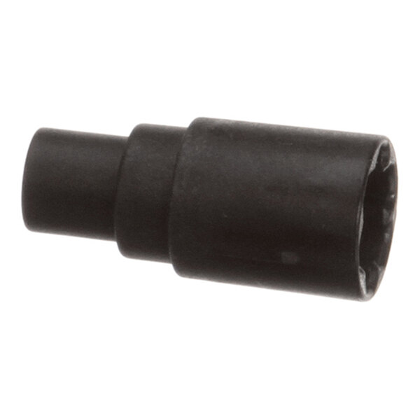 A black, cylindrical, stepped mechanical component with a hollow end and a solid end.