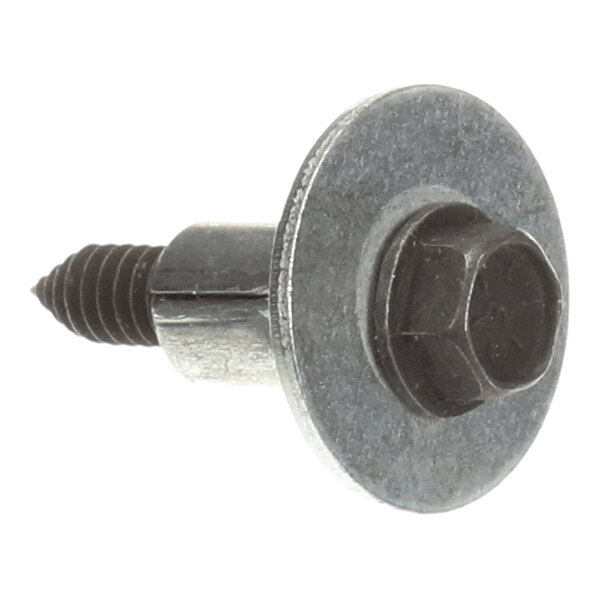 A metal screw with a hexagonal head and an attached washer.